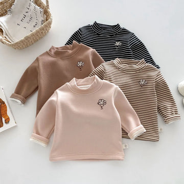 Herfst Kinder Basis Shirt Jongens Halve Turtleneck Warme Onderkant Tops Meisjes Bontvoering Geborduurde Gestreepte Blouse 0-5 Jaar Unisex