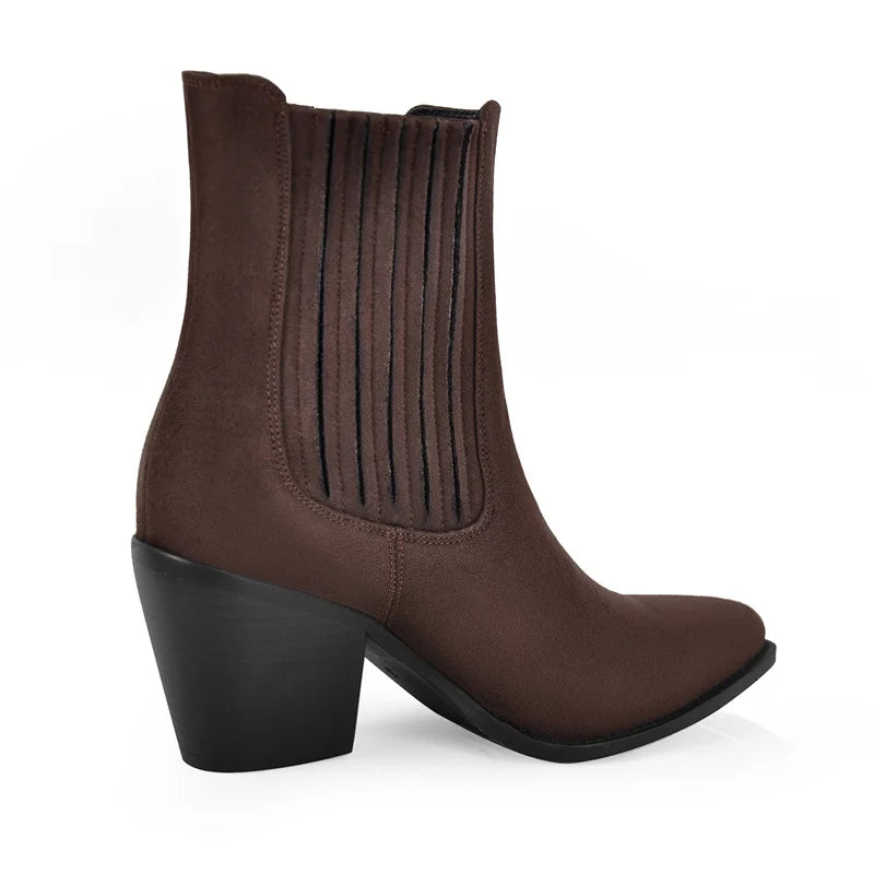 Pointed Toe  Pull-on Western Cowgirl  Boots  Chunky Heel Big Size Ankle Boots
