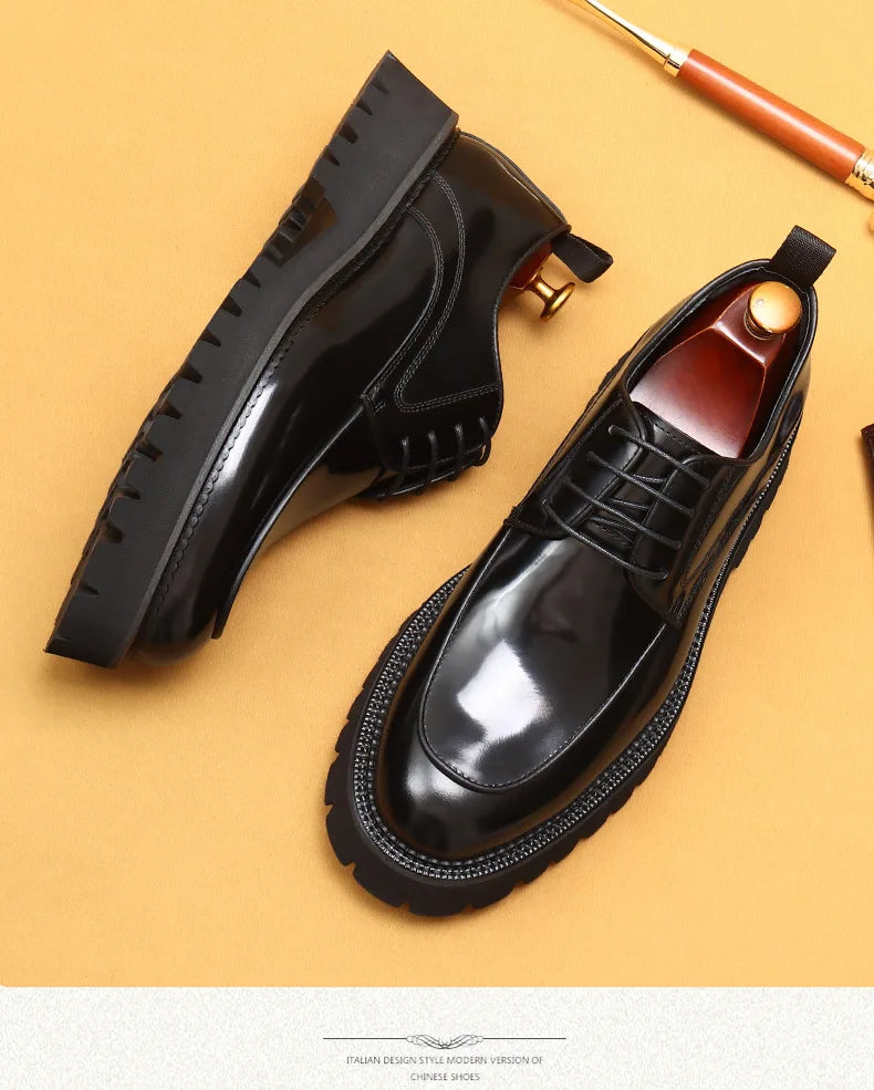 Designer Men's Leather Shoes With Thick Soles Round Toe Glossy Leather Business Dress and Waxed Cowhide Lace-Up British Shoes