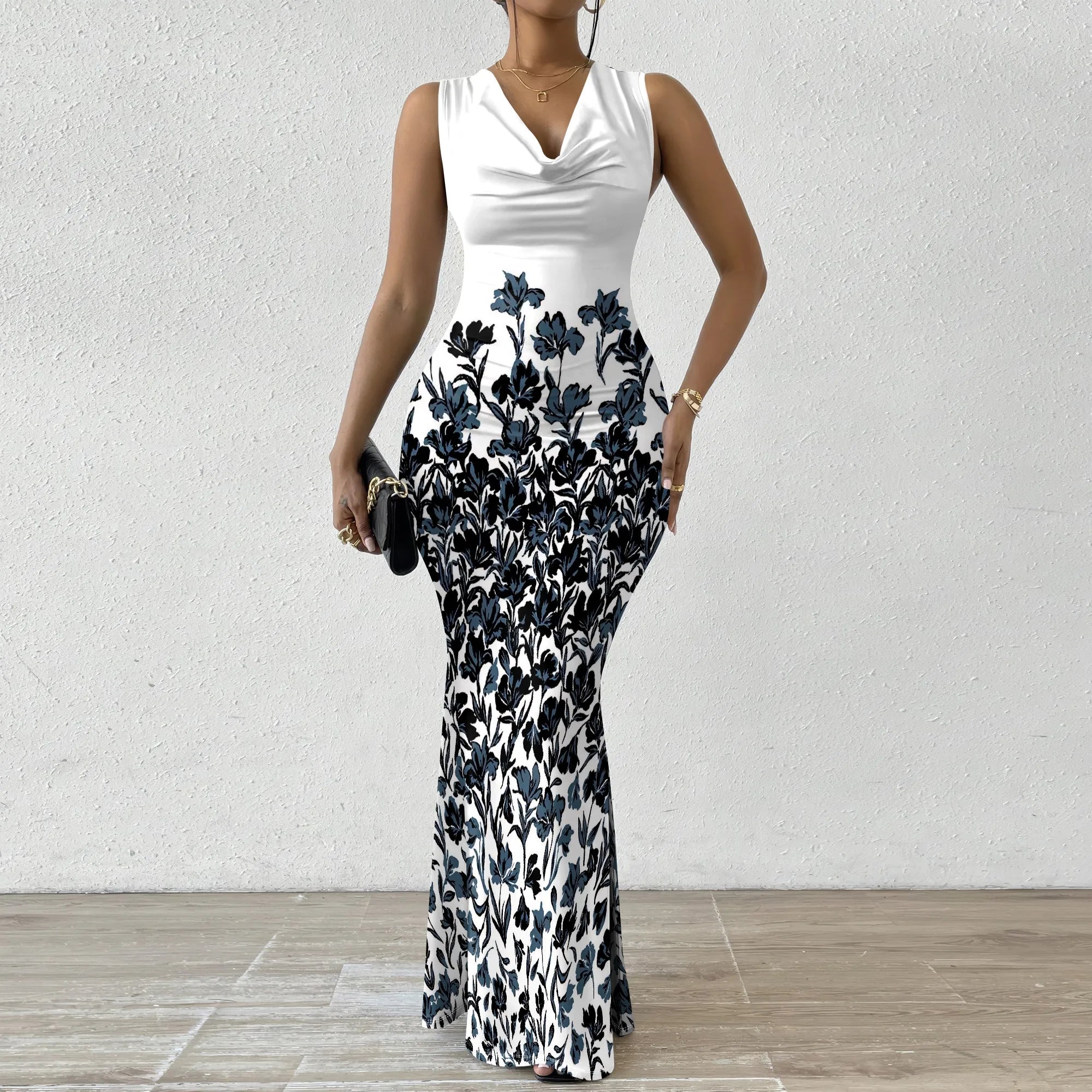 Women's V-Neck Sleeveless Maxi Dress Purple Sketch Floral Print Elegant Bodycon Summer Party Dress