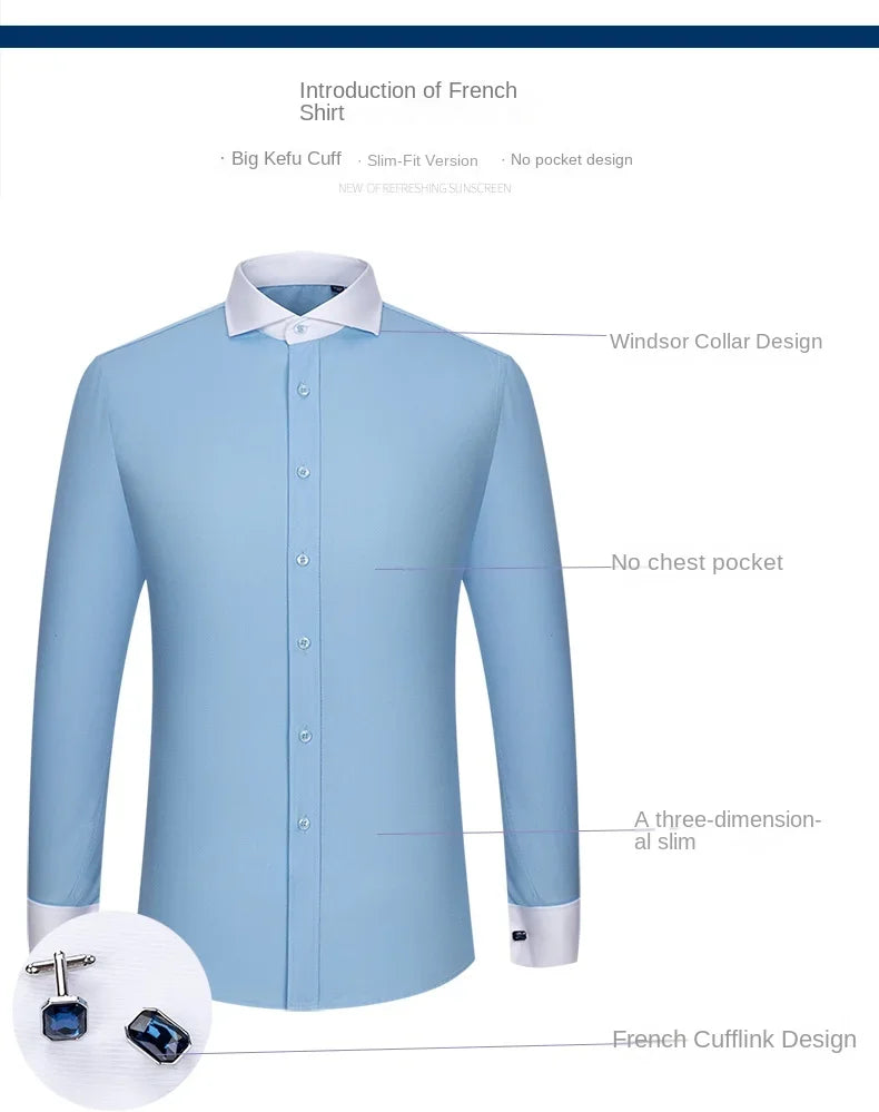 2024 Niche Chic Dubbelgevouwen Mouw Windsor Kraag Zakelijk Overhemd met Lange Mouwen Heren Hoogwaardige Jurk willekeurige Franse Manchetknopen