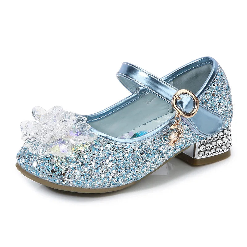 Frozen Elsa Princess Meisjes Leren Kristallen Schoenen Glitter Casual Hoge Hakken Meisjes Sandalen Roze Blauw Zilver Elsa Schoenen