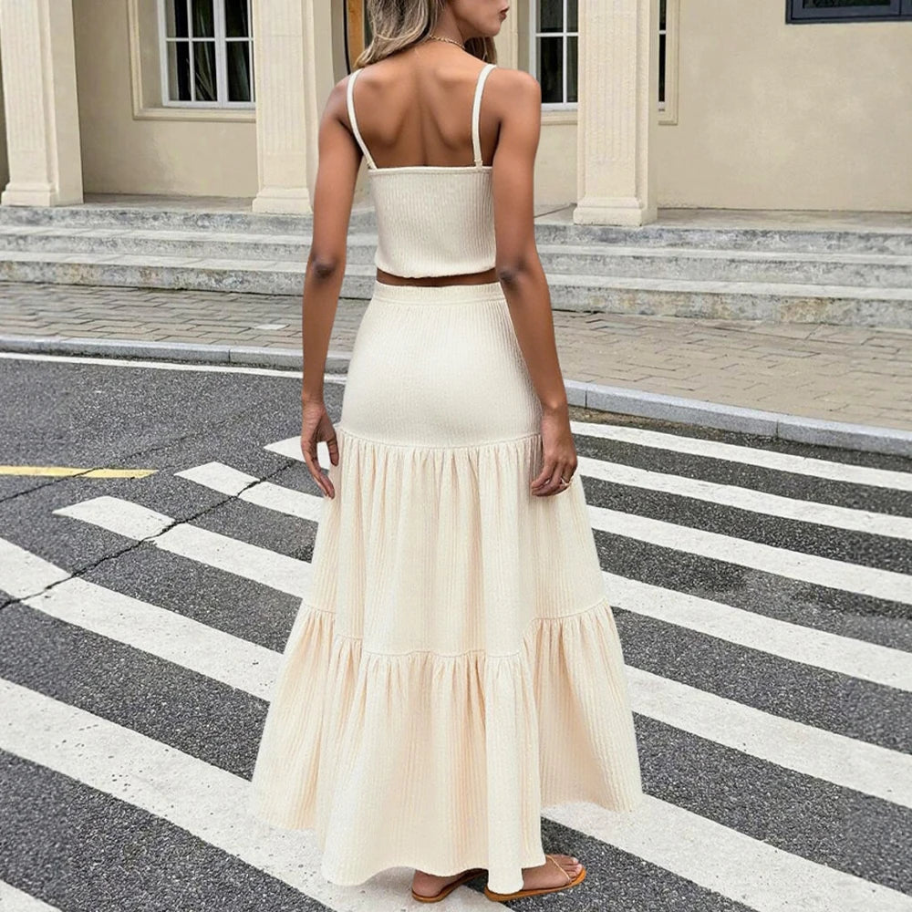 Sets Summer Simple Decent Solid Colour Screw Thread Sleeveless Sweetheart Neck High Waist Pleated Skirt Sets For Women