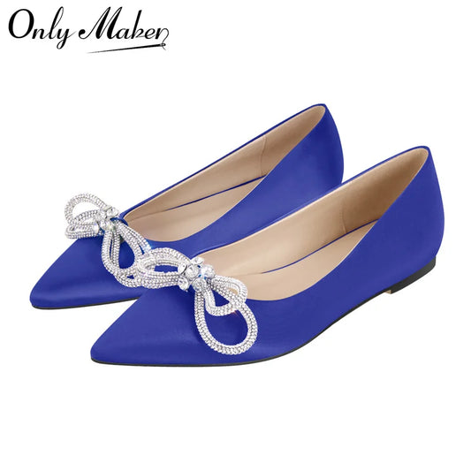 Woman Flats Pointed Toe Blue Rhinestones Bow  Clear Flat Daily Elegant Female Slip On Shoes