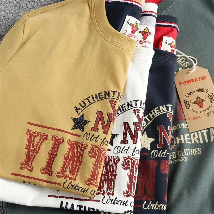 2025 Summer New American Retro Short Sleeve O-neck Letter Printed T-shirt Men's Fashion 100% Cotton Washed Casual Youth Tops