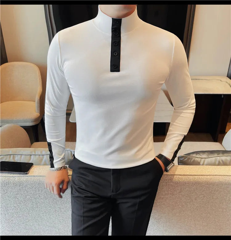 Men's High Quality Long Sleeve T-shirt For Autumn & Winter, Half-High Collar, Solid Colour Top. Collar Button Polo, Suitable As Business Casual