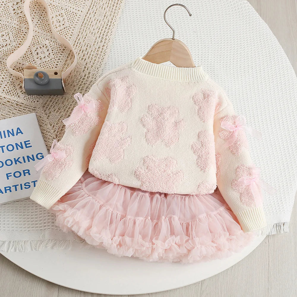 Autumn Kids Outfit 2PCS Set Sweet Bear Bow Girl's Knitted Sweater And Mesh Skirt Korean Loose Children's Clothing 9M-5T Girls
