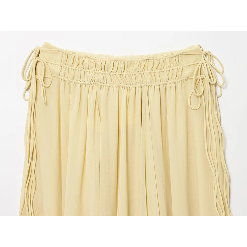 Elegant Yellow Chiffon Midi Skirt High Waist Drawstring Loose Fit Women's Summer Holiday Fashion A-Line Skirts