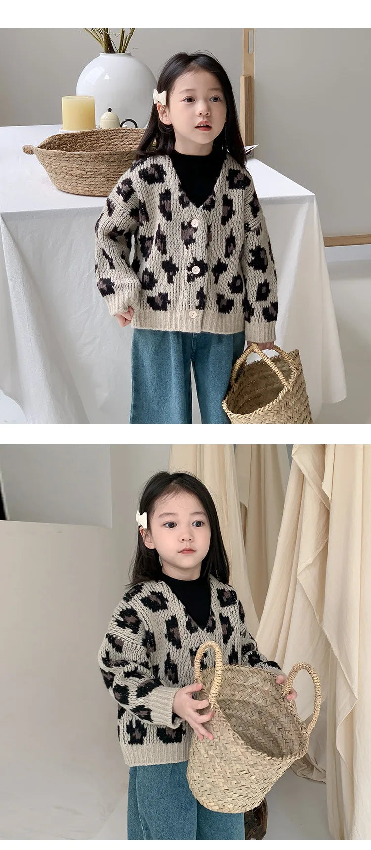 Girls' Autumn Vintage Korean Trendy Leopard Knit V-Neck Cardigan Coat For Children 1-7Y