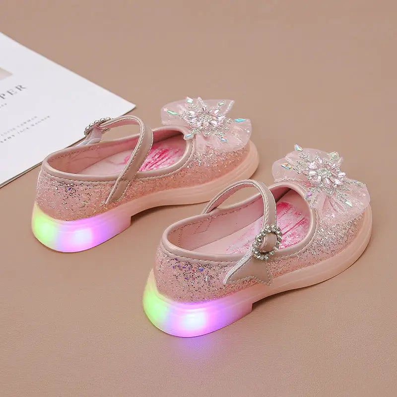 Disney Children High Heel Princess Elsa Party LED Light Shoes Summer Girls Sandals Baby Girls Crystal Blue Pink Shoes 23-34
