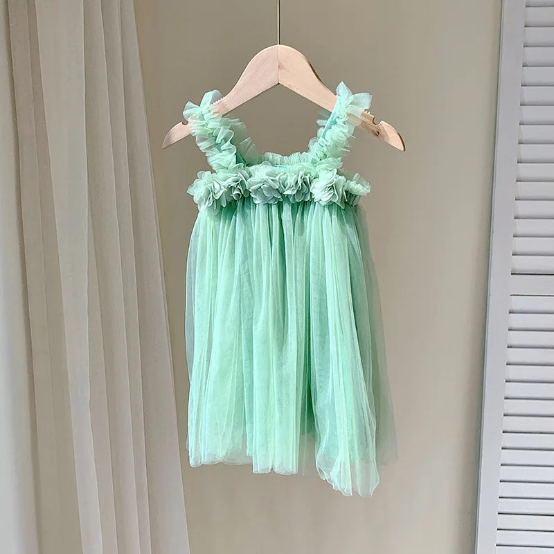 Summer Kids Sweet Mesh Dress Girls 6 Colours Suspended Floral Beach Skirt Children Tutu Princess Dress 1-6Y Girls