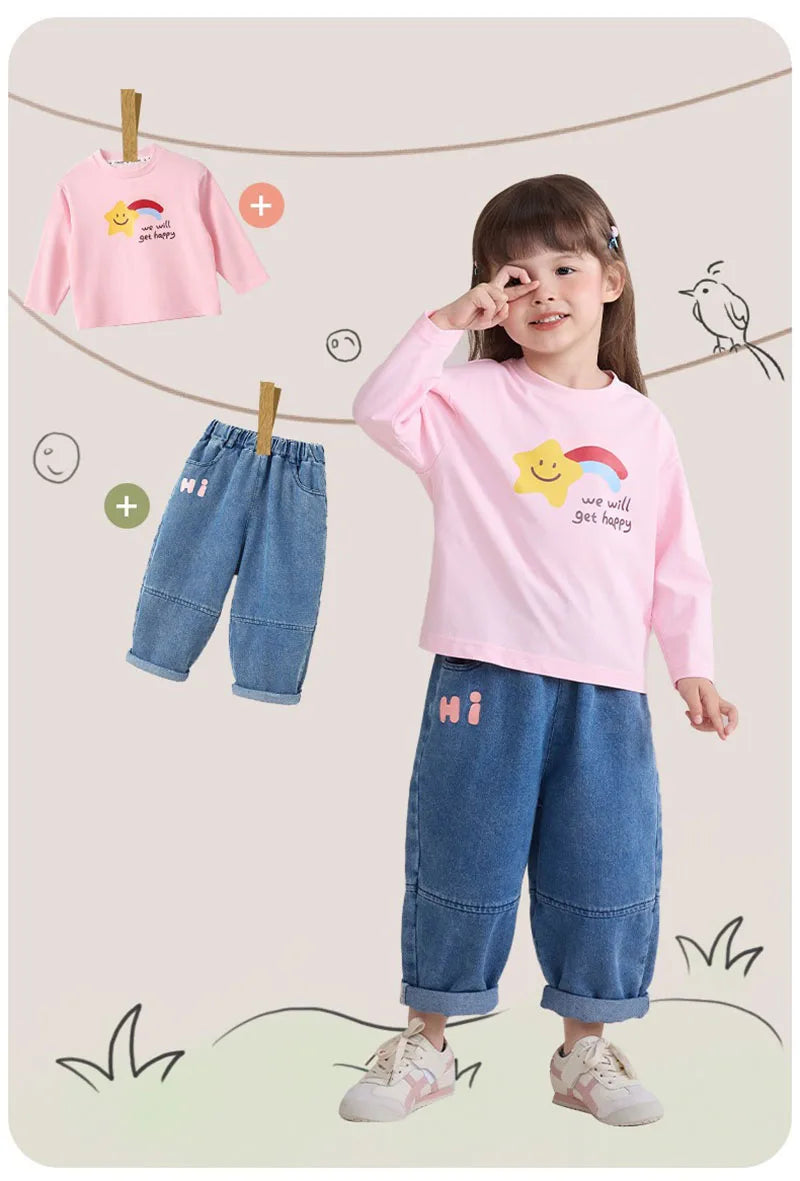 New Spring Girls Boys Cute T-shirt Kids Cartoon Letter Star Flower Undershirts Children Thin Style Bottoming Shirt 7T Unisex