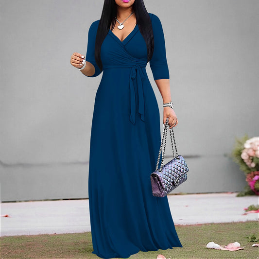 Solid Color Bohemian Summer Long Maxi Dress V-Neck 3/4 Sleeve