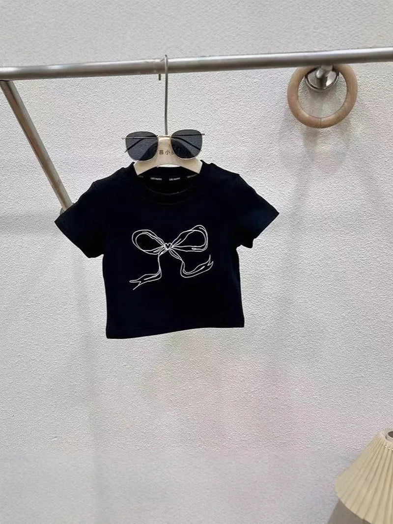 2PCS Children's Summer Clothes Set Girls Bow Colour Blocked Top + Solid Colour Straight Leg Jeans Outfit For Kids 4-6Y