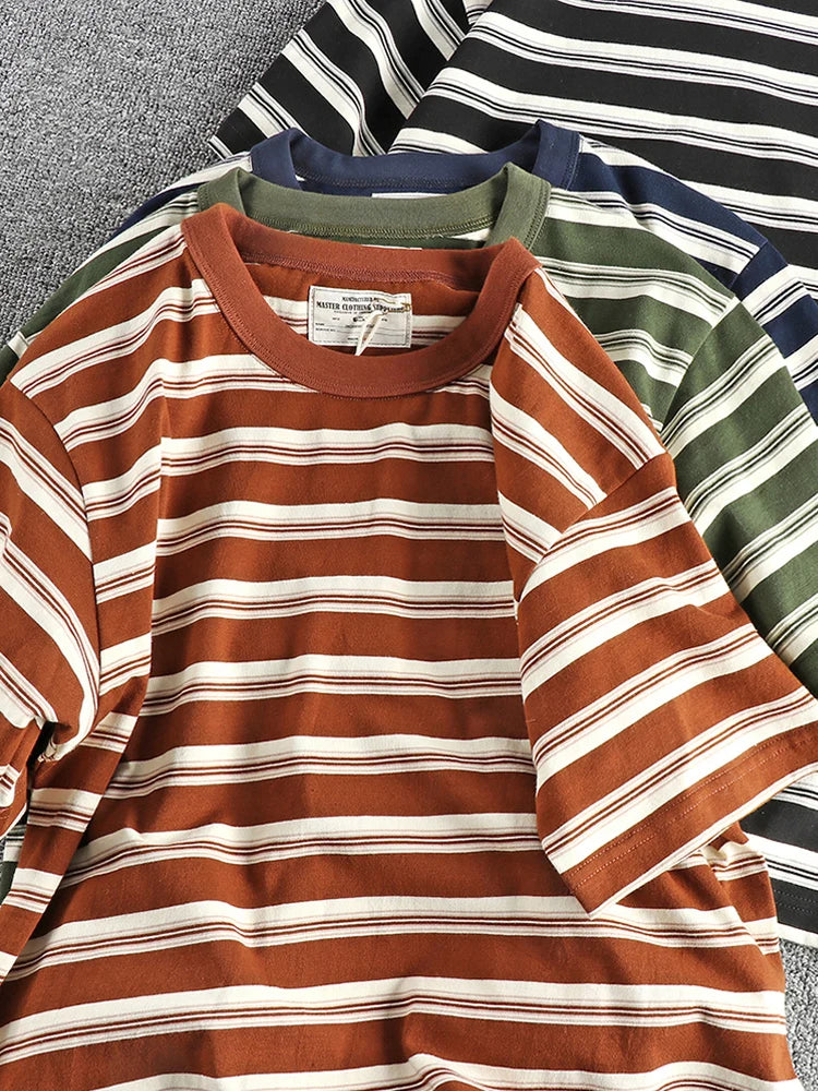 2024 Summer New American Retro 240g Short Sleeve O-neck Striped T-shirt Men's Simple 100% Cotton Washed Heavyweight Casual Tops