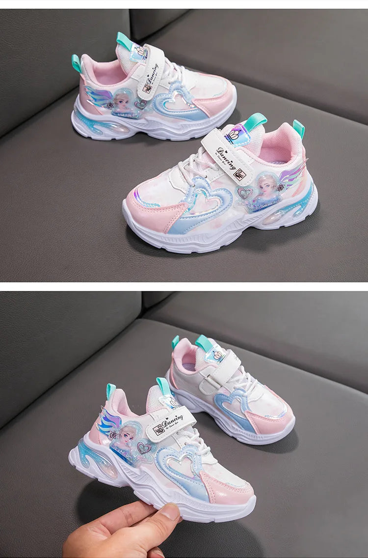 Girls' Casual Shoes Frozen Princess Elsa Sneakers Mesh Leather White Breathable Sole Children's Sport Shoes Size 26-37