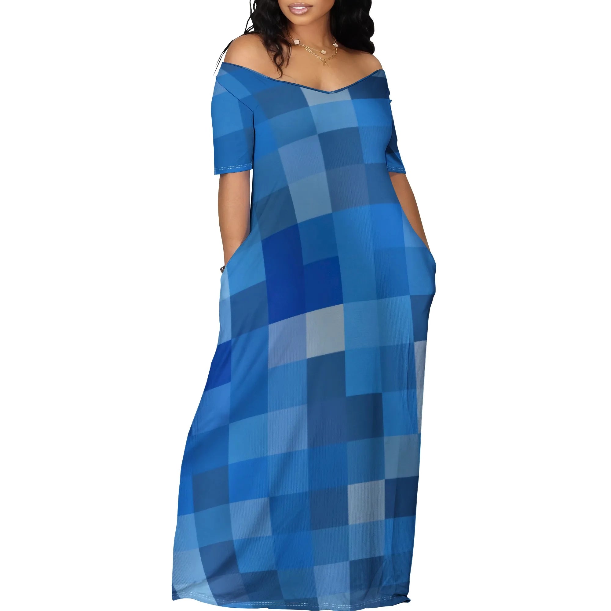 Summer Maxi Dress Women Off Shoulder Plaid Print Pocket Short Sleeve Dress
