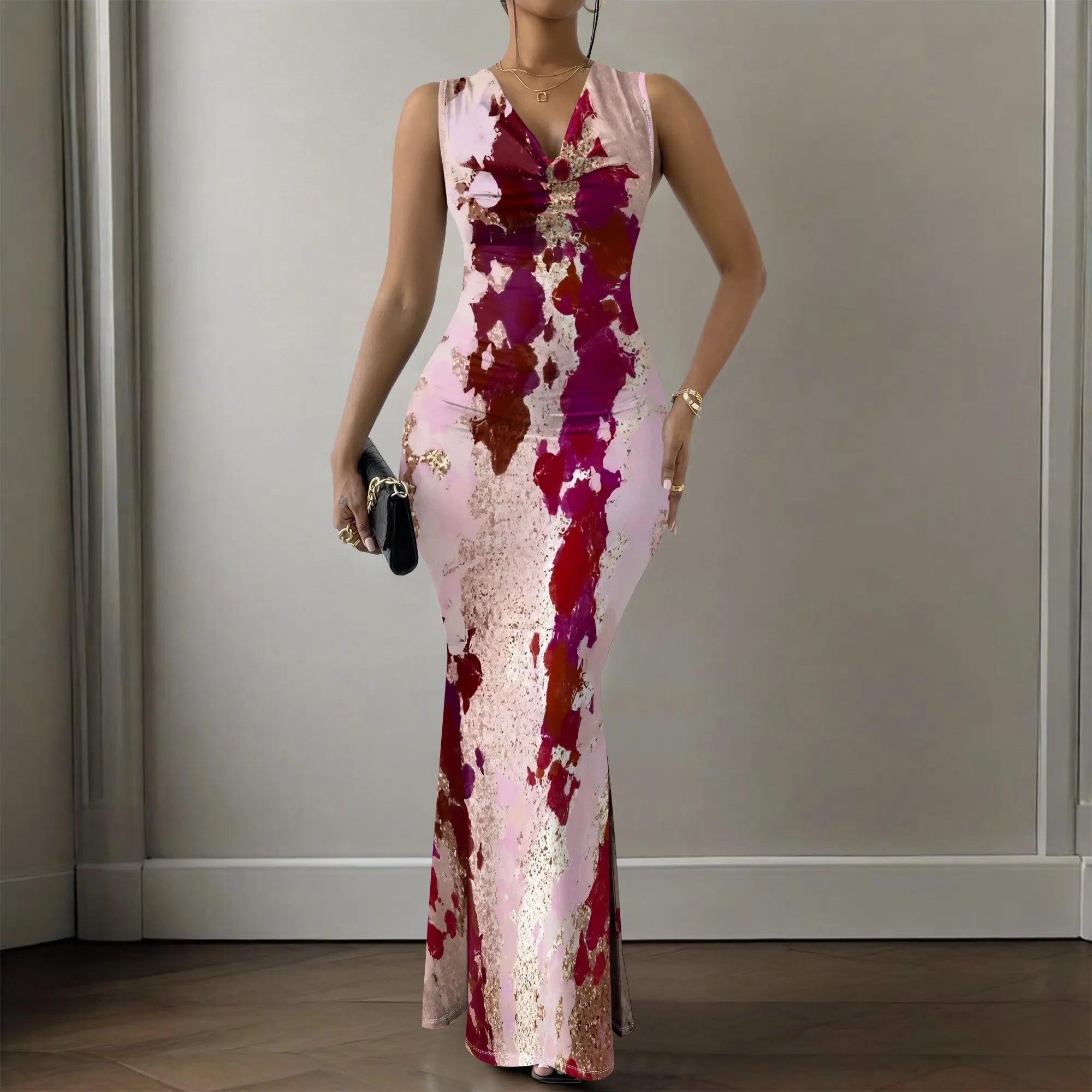 Women's V-Neck Sleeveless Maxi Dress Abstract Artistic Print Elegant Summer Party Dress