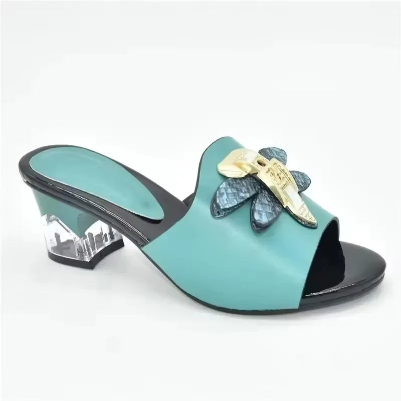 Women's Italian High Heel Slippers Shoes with Metal Trim and Rhinestones for Ladies Suitable for Autumn Wedding