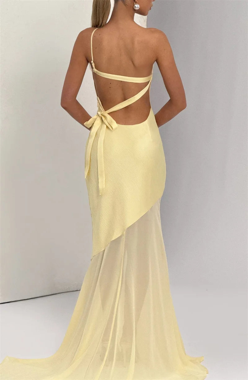 One Shoulder Backless Sleeveless Maxi Dress Women's Sexy Gown Fashion Patchwork Bodycon Club Party Long Dress Elegant Floor-Length