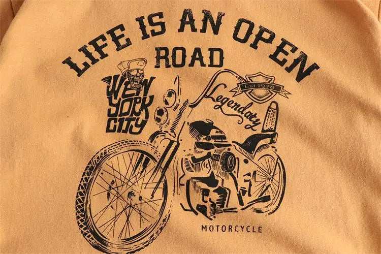 2025 Summer American Retro Short Sleeve O-neck Skeleton Motorcycle Printed T-shirt Men's Fashion 100% Cotton Washed Casual Tops