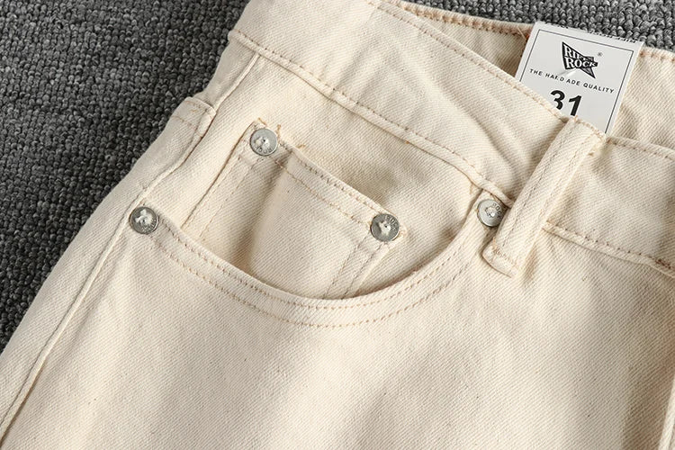 2025 Lente Herfst Nieuwe Amerikaanse Retro Beige Witte Denim Cargo Jeans Heren Eenvoudige 98% Katoen Gewassen Amekaji Casual Rechte Broek