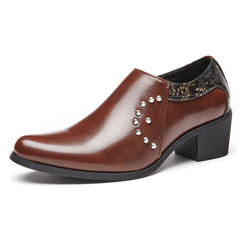 Retro Men European Fashionable Rivet Oxfords Dress Shoes High Heel Male Party Dressing Shoes Height Increasing Zipper Shoe