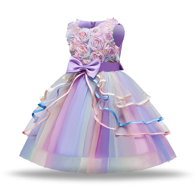 Fashion Girl's Dress Summer Rose Princess Dress Patchwork Mesh Performance Costume Children's Birthday Gown 3-8Y Girls