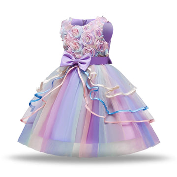 Fashion Girl's Dress Summer Rose Princess Dress Patchwork Mesh Performance Costume Children's Birthday Gown 3-8Y Girls