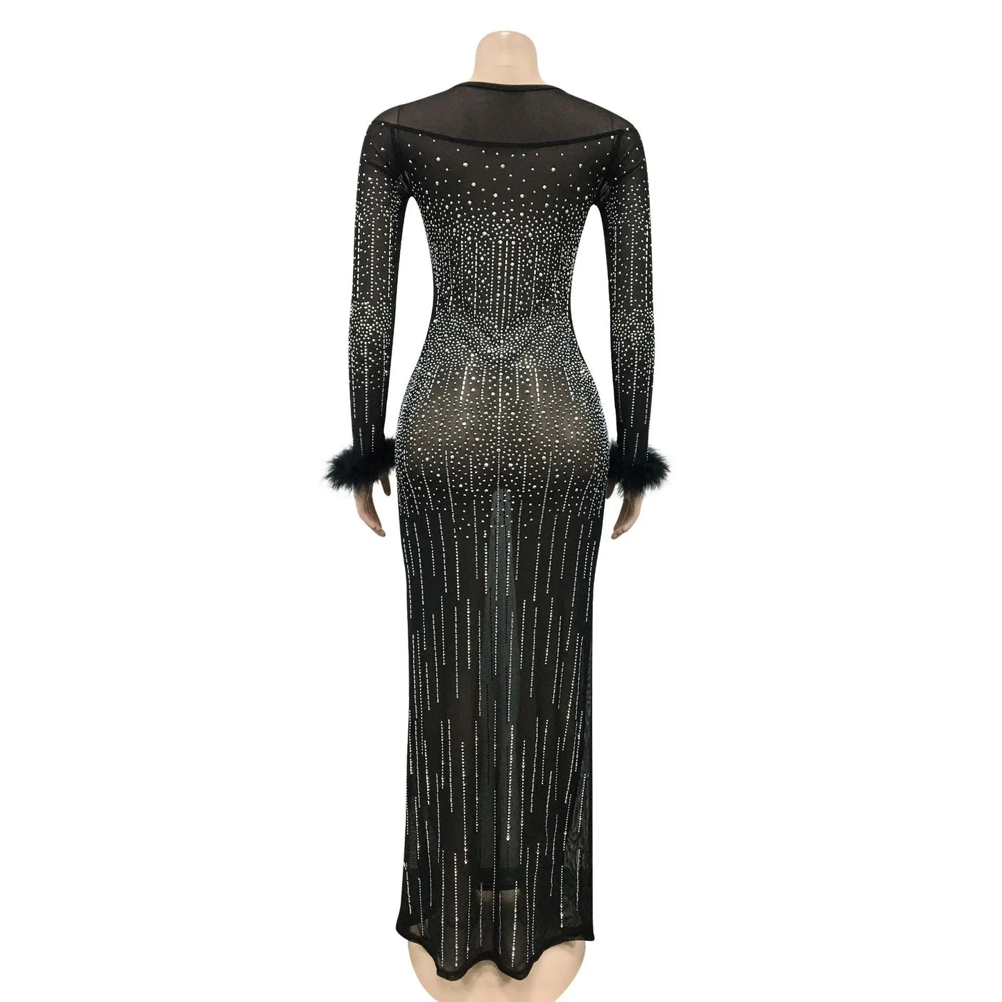 Sexy See Through Sheer Mesh Rhinestone Feather Long Sleeve Maxi Party Dress