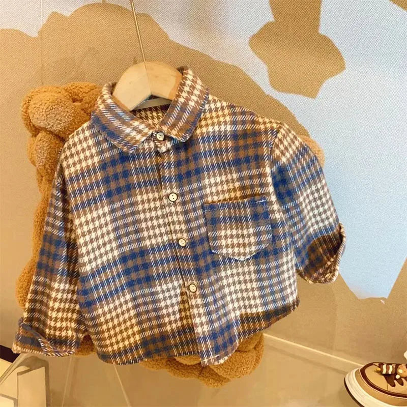 Autumn Kid's Shirts Boys Vintage Plaid Shirt Girls Casual Turn Down Collar Blouse Children's Base Tops 2-7Y Unisex
