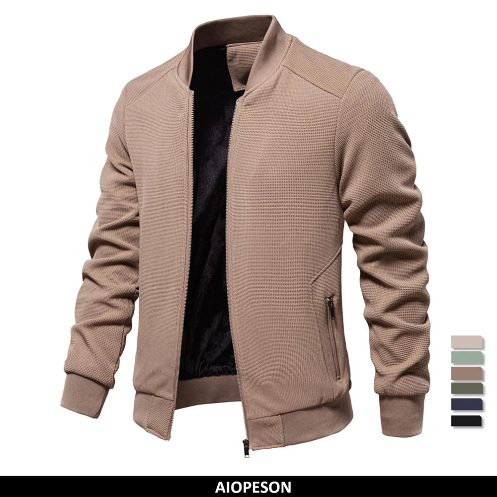 Men's Waffle Fleece Lined Bomber Jacket Autumn Winter Warm Casual Zipper Pocket Outwear Jackets and Coats for Men