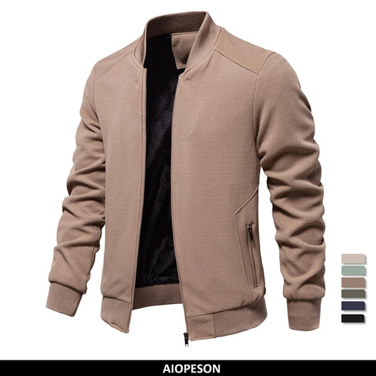 Men's Waffle Fleece Lined Bomber Jacket Autumn Winter Warm Casual Zipper Pocket Outwear Jackets and Coats for Men