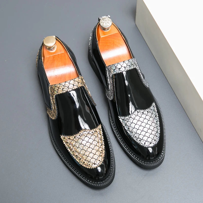 Slip-on Men Formal Dress Party Shoes Black Silver Male Business Adult Loafers Large Size 38-47 Adult Fashionable Wedding Shoes