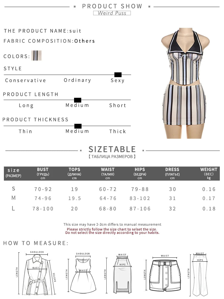 Stripe Print Women 2 Piece Set Summer Backless Low-Neck Halter Tank Tops + Skirts Fashion Vacation Streetwear Outfits