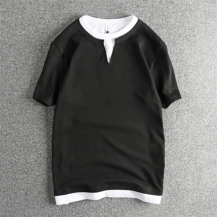 2025 Summer American Retro Short Sleeve V-neck Fake Two Pieces Solid Color T-shirt Men's 100% Cotton Washed Youth Casual Tops