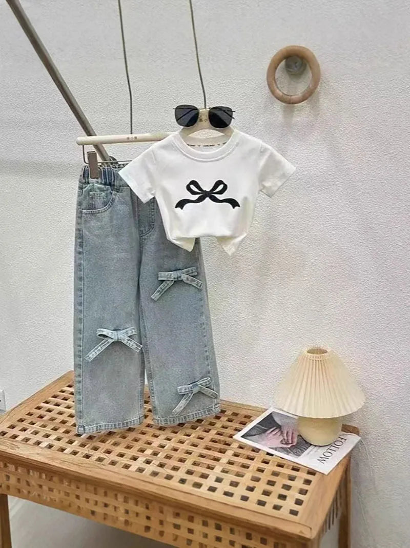 2PCS Children's Summer Clothes Set Girls Bow Colour Blocked Top + Solid Colour Straight Leg Jeans Outfit For Kids 4-6Y