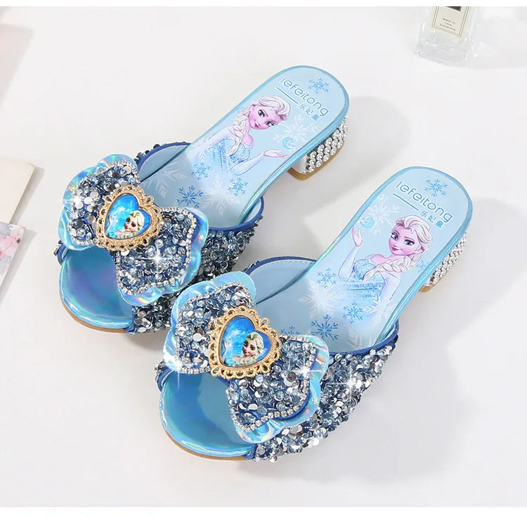 Girl's Summer Sandals Fashion Slippers Sequined Princess Children High Heel Party Dress Elsa Shoes Leather Slipper For Girls