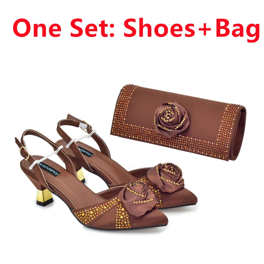 2025 Italian Design African Women's High Heels Pointed Toe Sandals Party Wedding Party Shoes and Bags Set for Wedding