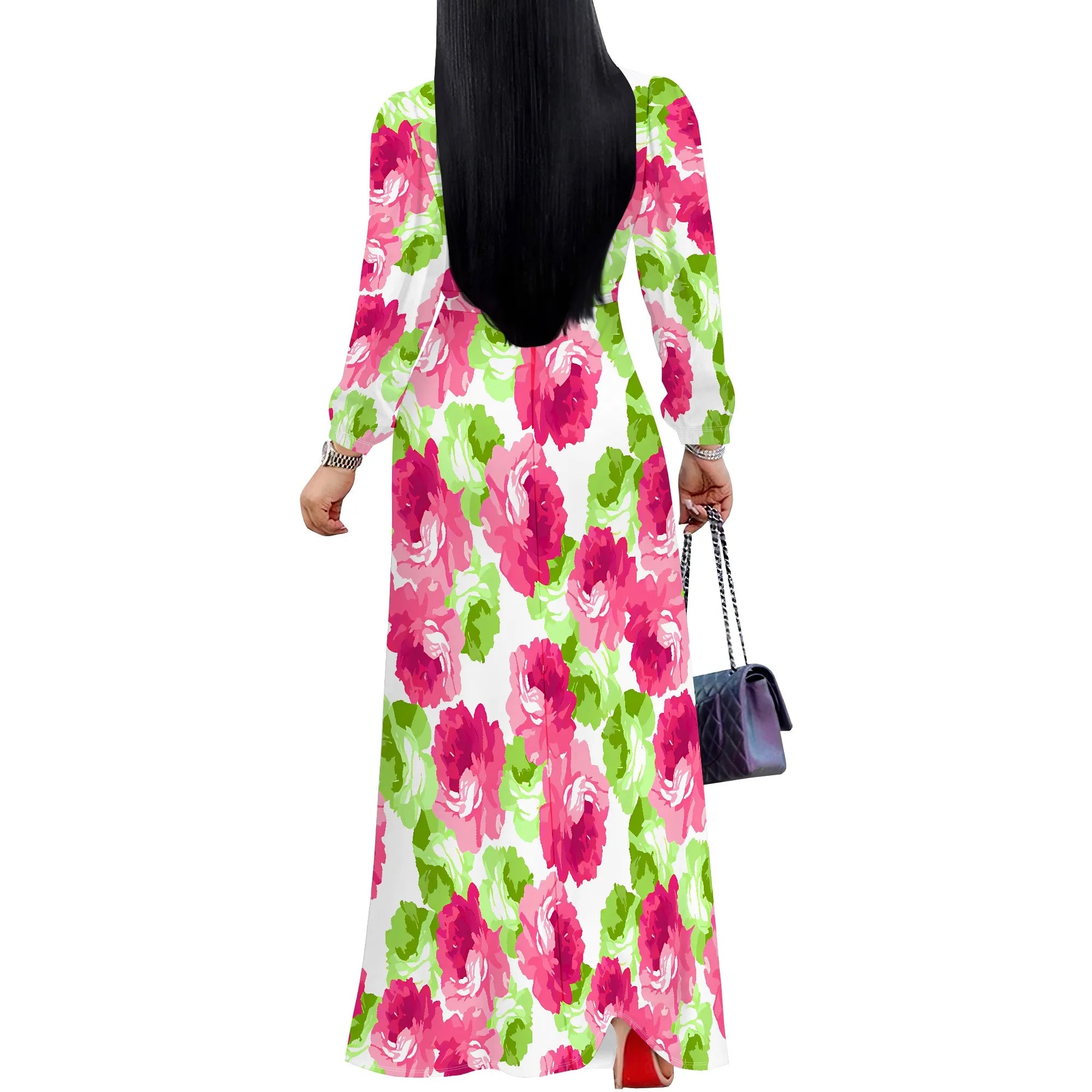 Pink Floral V-Neck Long Sleeve Maxi Dress Women Spring Summer Garden Style