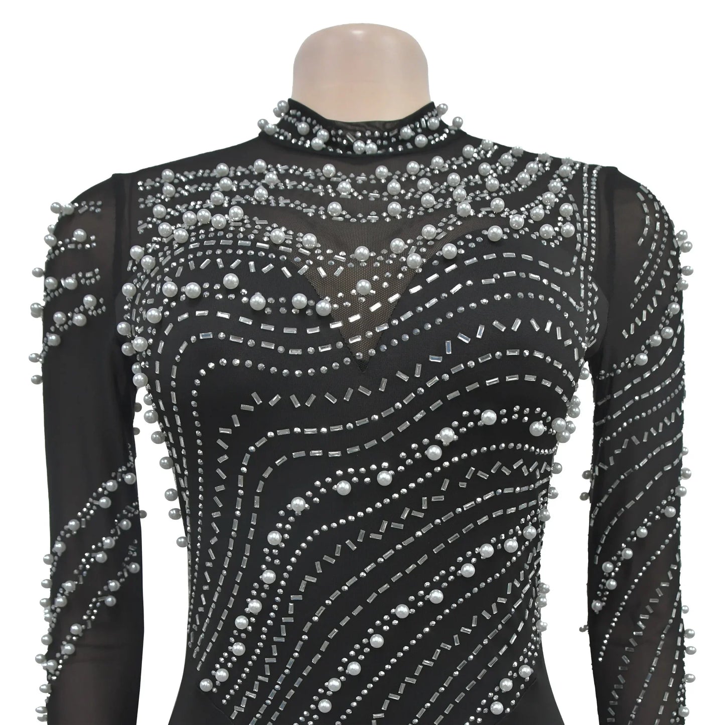 Sexy Mesh Patchwork Rhinestone Beads Floor Length Party Long Dress