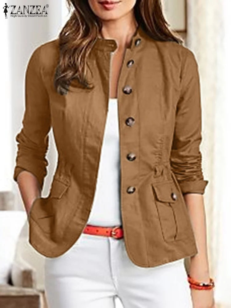 Autumn Fashion Work Over Shirts Woman Long Sleeve Stand Collar Cargo Shirts Casual Streetwear Camacas Vintage Outwear