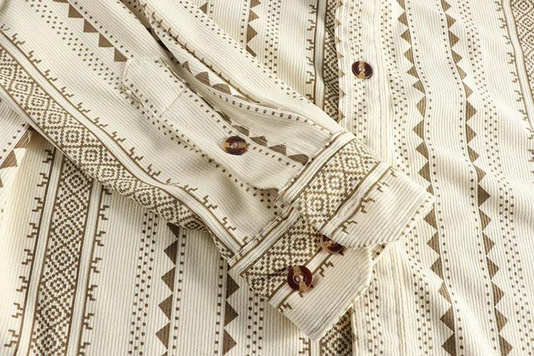 Lente Nieuwe Amerikaanse Retro Lange Mouw Revers Navajo Totem Bedrukt Shirt Herenmode 100% Katoen Gewassen Casual Blouses Dunne Jas