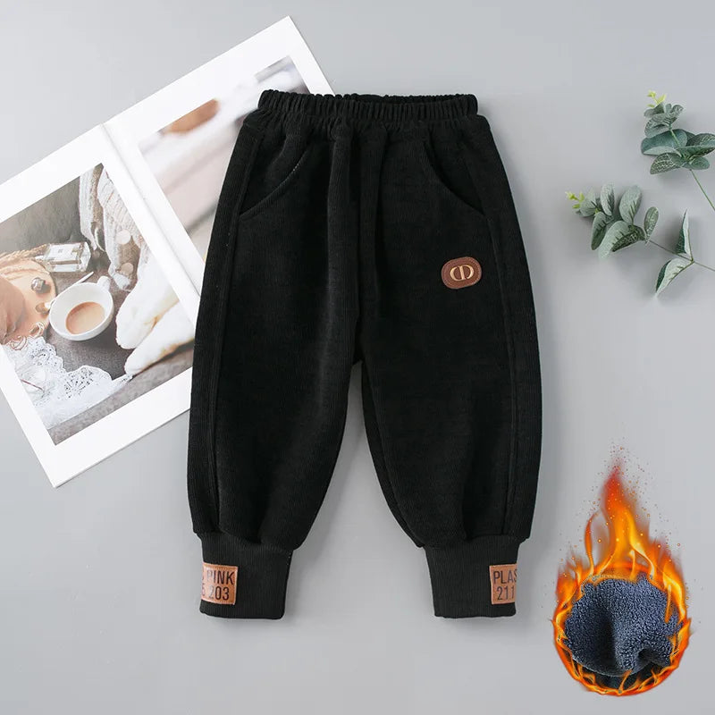 Children's Autumn & Winter Baby Girl Pants Fur Lining Boys Casual Trousers Simple Thick Kid's Pants 0-5Y Unisex
