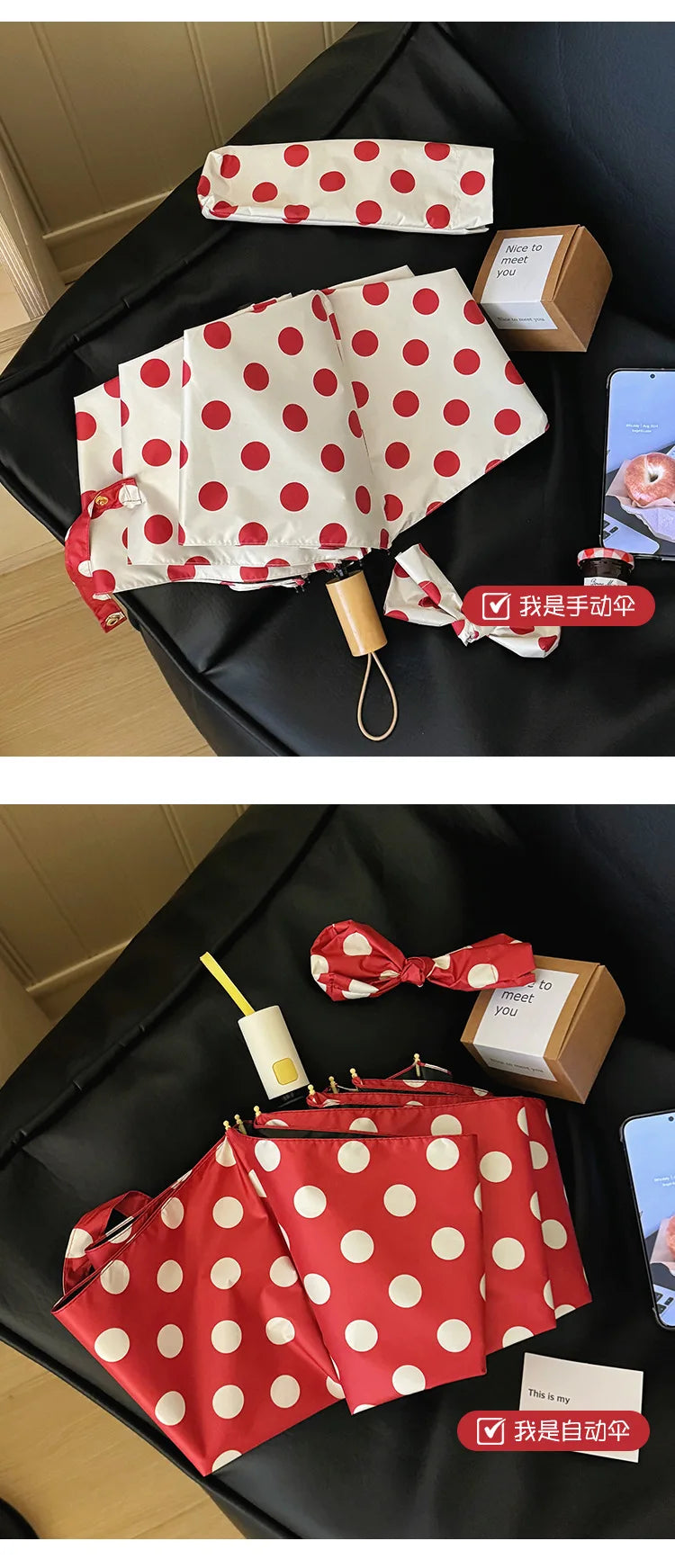 Large Polka Dots AutoOpen/Close Women’s Retro Aesthetic 2-in-1 Umbrella - UPF 50+ Protection 3-Fold Compact, Windproof & Stylish