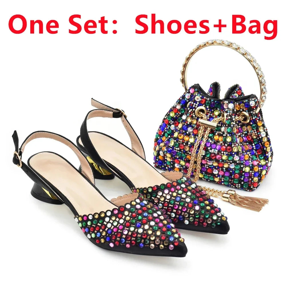 Italian Shoes with Matching Bags Set Rhinestone-Decorated with Medium Heels  for African Ladies' Party Pumps