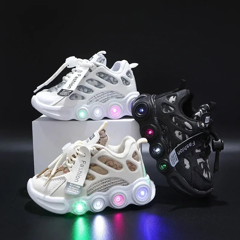 Kids LED Light Up Sneakers - Glow Boys 1-6 Years Breathable Mesh Sporty Shoes Casual Letter Webbing Luminous Footwear