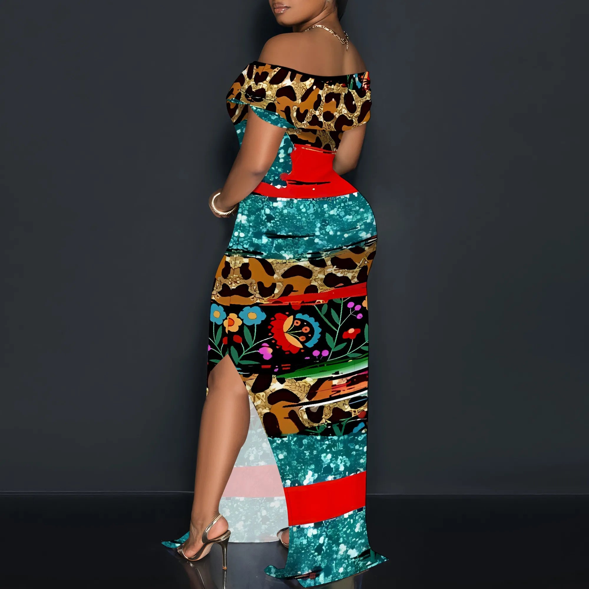 Tribal Patchwork Off Shoulder Maxi Dress Women Boho Style Slim Fit Slit Long Dress Party Clubwear