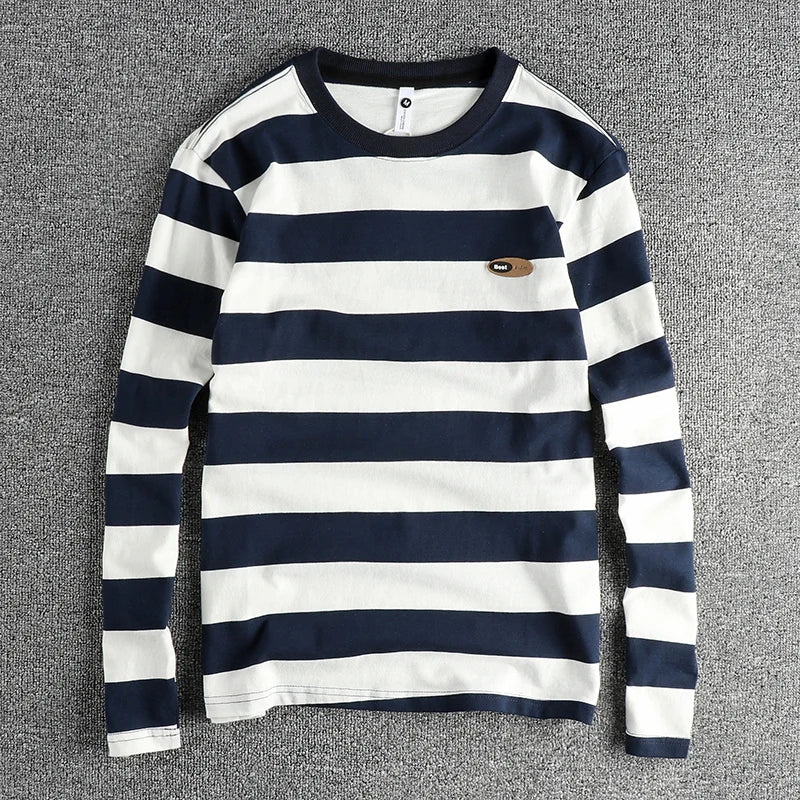 2024 Autumn New American Retro Long Sleeve O-neck Micro Chapter Striped T-shirt Men's Fashion 100% Cotton Washed Casual Tops