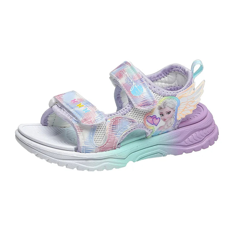 Disney Children Shoes Summer Elsa Girls Mesh Beach Sandals Fashion Frozen Princess Soft Bottom Light Peep Toe Sandals Size 26-36